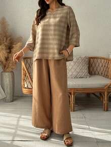 Vivie Lora 两件套女士格子宽松V领上衣和裤子套装 - 卡其色 - 查看 5