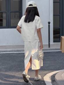 DAZY 少女单排扣短袖开衫搭配牛仔裙休闲装 - 白色 - 查看 5