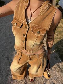 DAZY 女士V领无袖背心和宽松直筒牛仔裤两件套休闲街头风套装 - 棕色 - 查看 5