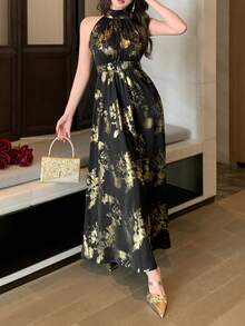 DAZY 女士无袖印花面料收腰优雅中长连衣裙夏季长裙 - 黑色 - 查看 1