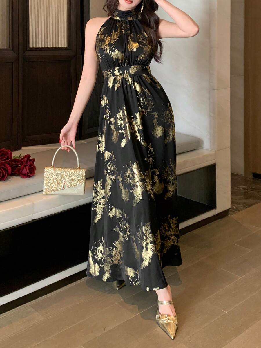 DAZY 女士无袖印花面料收腰优雅中长连衣裙夏季长裙 - 黑色 - 查看 1