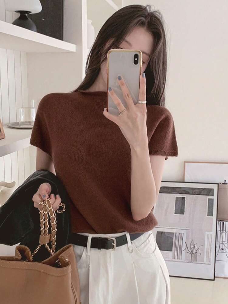 Women's Unique Design Crew Neck Short Sleeve Loose Fit Knit Top Long Sleeve Tops Women