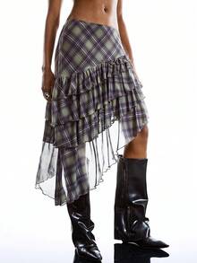 LYSMO Women's Casual Fashion Street Collegiate Style Patterned Print Low Waist Asymmetrical Ruffled Hem Mini Skirt - Purple - View 1