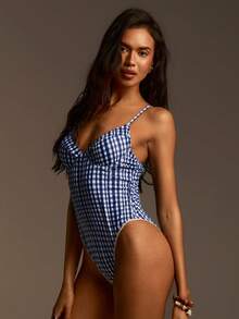 Athîral Women's Plaid Fashionable Spaghetti Strap One-Piece Swimsuit - Blue - View 5
