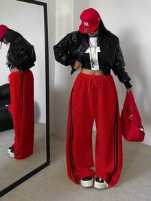 POPSWAY 大码休闲运动风黄色条纹女式运动裤，高腰抽绳宽松阔腿裤，2025秋季款 - 紅色 - 查看 1