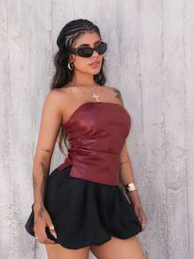 Rayane Ketlyn 新年和情人节女士勃艮第皮革上衣时尚褶皱不对称下摆抹胸，适合外出和派对上衣，新年女士 - 酒紅色 - 查看 4