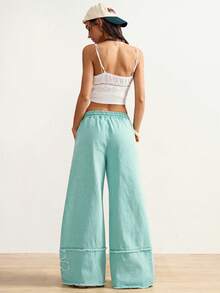 Bohemela Women's Casual Fashion Street Chic Daily Commute Drawstring Waist Raw Edge Floral Pattern Seam Front Loose Wide Leg Jeans Spring Outfit Women Valentines Day Beach Pants Spring Outfit Women   Beach Pants  Vacation Y2k Clothes - Army Green - View 2