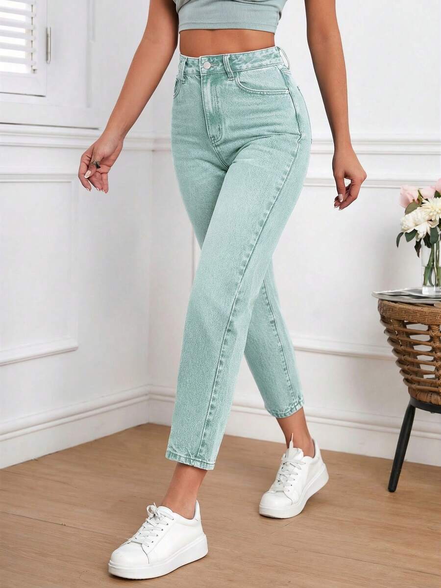 SHEIN Frenchy 女士纯色高腰斜插口袋修身牛仔裤 - 綠色 - 查看 1