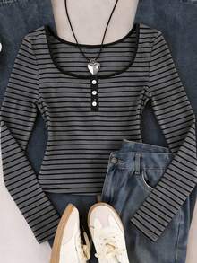 Áo khoác cardigan cổ tròn kẻ sọc tay dài dành cho nữ tuổi teen, phong cách thường ngày, đa năng, thích hợp cho mùa thu/đông. - Xám - Xem 3