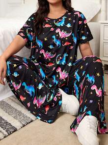 Enliva Plus Size Color Gradient Dinosaur Short Sleeved Pants Set, For Apple Rounded Body Shape - Multicolor - View 3