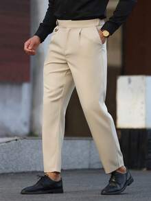 Manfinity Mode Men's Solid Color Pocket Straight Leg Casual Suit Pants - Beige - View 3