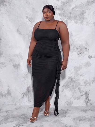 CurvyTilda 加大码女式无袖网眼连衣裙，带荷叶边，适合浪漫度假或优雅派对，婚礼宾客礼服，女士生日礼服