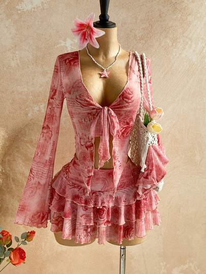 Soleia Women's Retro Floral & Letter Print Long Sleeve Tie Front Cover Up + Mini Skirt 2 Piece Set, Casual Outfit For Vacation, Date, Afternoon Tea, Beach, Cruise, City Trip, Music Festival, Party, Boho, Hippie, Western, Daily Commute Pink Tea Party Set,Island Vacation Outfit,Music Festival Outfit,Cruise Vacation Outfit,Casual Vacation,Retro Outfit,Party Outfit,Sexy Vacation Outfit