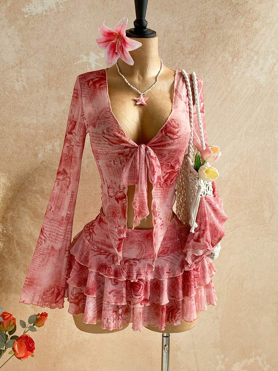 Soleia 女士复古花卉字母印花长袖系带罩衫+迷你裙两件套，休闲装，适合度假、约会、下午茶、海滩、邮轮、城市旅行、音乐节、派对、波西米亚风、嬉皮风、西部风、日常通勤等场合。 - 粉色 - 查看 1