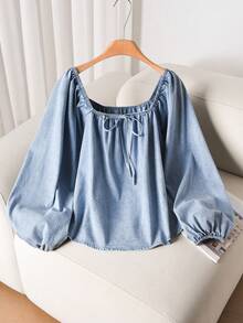 CosyJoli 大码女式圆领泡泡袖长袖休闲T恤，蓝色，适合通勤和日常穿着，时尚大码T恤 - 藍色 - 查看 1