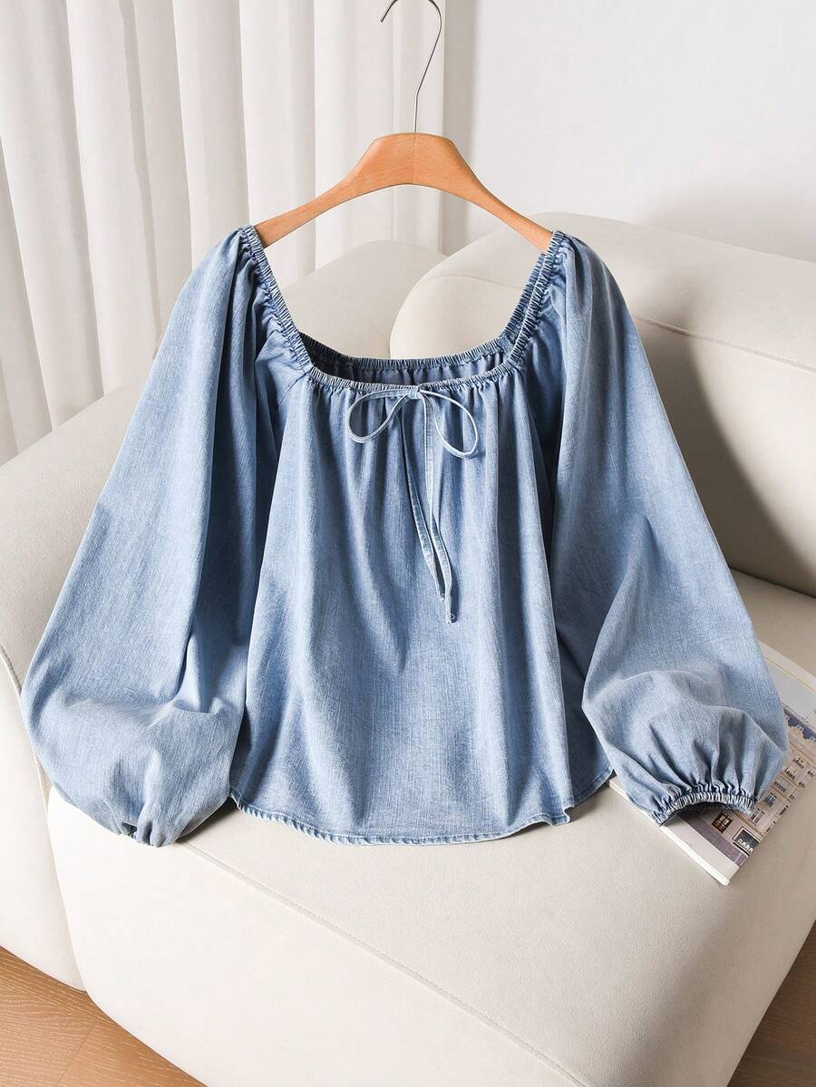 CosyJoli 大码女式圆领泡泡袖长袖休闲T恤，蓝色，适合通勤和日常穿着，时尚大码T恤 - 藍色 - 查看 1