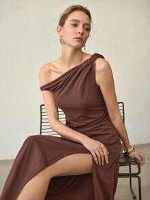 MOTF PREMIUM ELEGANT RUCHED TWIST ASYMMETRICAL SHOULDER SPLIT THIGH DRESS, SPRING/SUMMER - Coffee - View 7