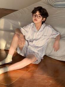 DAZY Conjunto de pijama con camisa de manga corta con botones y pantalones cortos con estampado de rayas para niño preadolescente - Albaricoque - Ver 3