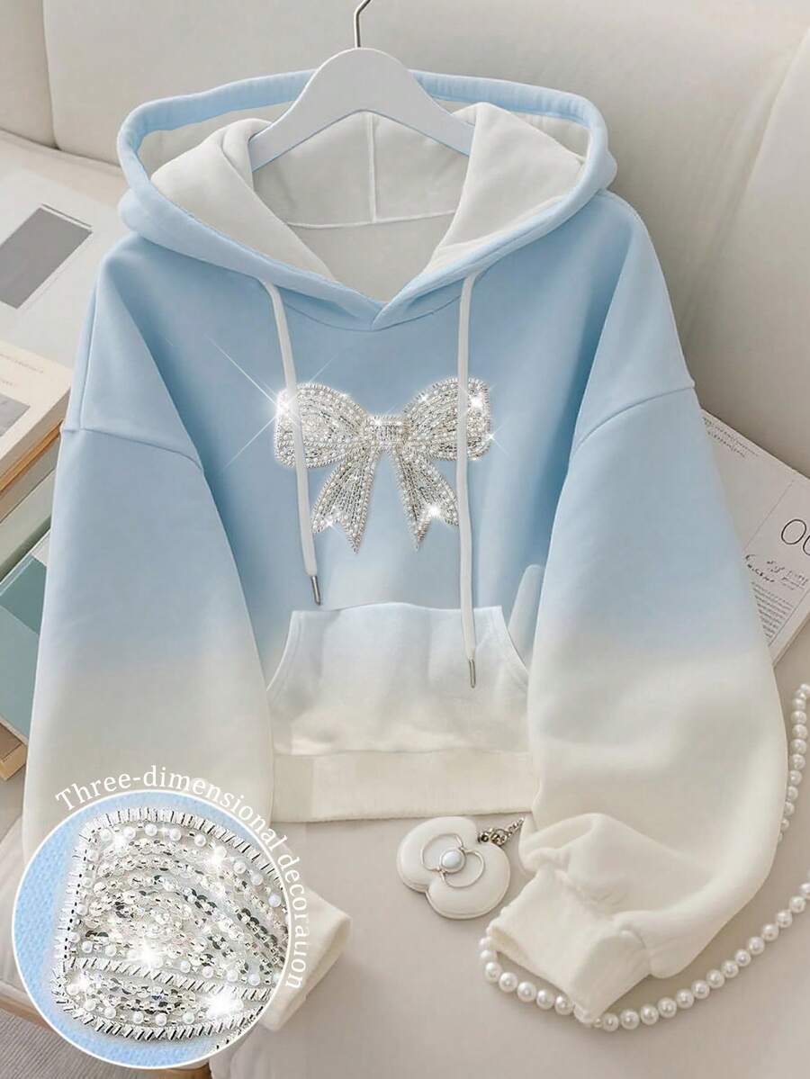 Resyla Elegant Bow Sequin Crafted Minimalist Autumn/Winter Women's Regular Hooded Long Sleeve Sweatshirt, Farewell To Friends - White - View 1