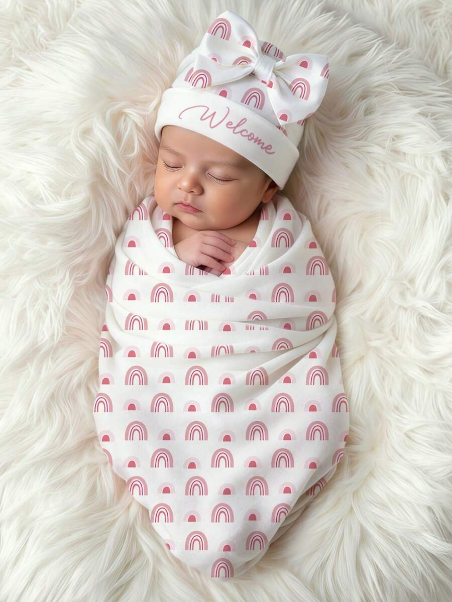 SHEIN 2Pcs Set Newborn Girl Swaddle Wrap With Matching Bow Hat Strawberry Printed Baby Swaddling Blanket Infant Photography Props - Multicolor - View 1