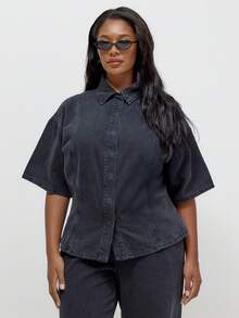 MUSERA 大码牛仔短袖拼接细节按扣衬衫，冬季，返校季，可爱，日常休闲，Coffee Club Curve Winter - 黑色 - 查看 1