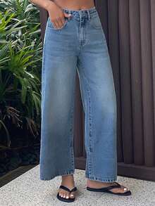 DAZY Women's Pocket Button Casual Versatile Daily Wear Wide Leg Jeans - Medium Wash - View 6