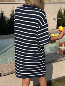 DAZY Women's Collared Textured Fabric Striped Casual Mini Dress - Navy Blue - View 6