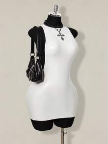 SHEIN ICON 2026 New Arrive Women's Y2k White Solid Color Backless Sleeveless Bodycon Mini Dress,Spring/Summer Open Back ,Summer - White - View 4