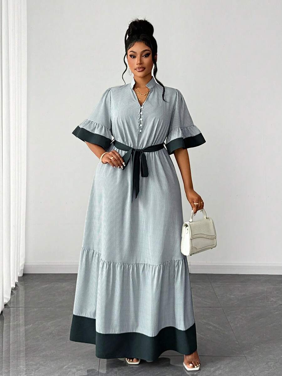 Maweii Plus Size Women's Summer Elegant Modest Black And White Tea Party Olive Green Striped Patchwork Stand Collar A-Line Dress With Belt,Business Office - Dark Green - View 1