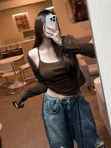 DAZY 2件套 女士开衫+吊带背心，长袖纽扣开衫薄款衬衫 - 棕色 - 查看 5