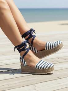 Platform Espadrilles With Ankle Straps In Beige, Black And Blue: Versatility, Freshness And Style For Spring-Summer - Blue and White - View 3