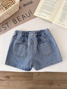 LMoss Kids Váy ngắn denim màu xanh dương đính ngọc trai giả màu trắng dành cho bé gái, thích hợp cho mùa hè, phong cách thường ngày và thời trang đi nghỉ mát, thời trang đường phố, phong cách những năm 2000, chất liệu denim mềm mại và thoải mái. - Rửa nhẹ - Xem 5