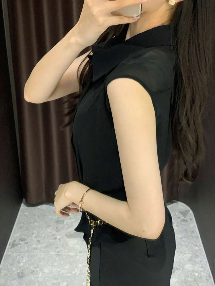 Women's Sleeveless Polo Collar Mesh Blouse, Summer