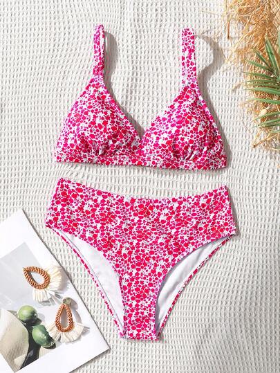 SHEIN Tween Girls' Pink Ditsy Floral Spaghetti Strap Bikini Swimsuit Set, Summer Beach Vacation