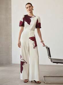 MOTF PREMIUM WOMEN ASYMMETRIC FLORAL PRINT SHORT SLEEVE TOP AND PANTS 2 PIECES SET - Apricot - View 1