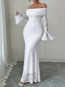 Elenzga 大码女式纯色简约日常穿搭露肩蕾丝长袖连衣裙 - 白色 - 查看 5