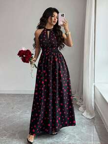 SHEIN Raffinéa Đầm chữ A nữ cổ yếm, khoét eo, xếp ly, in hình trái tim, thích hợp cho ngày Valentine, hẹn hò, mặc hàng ngày, mùa hè. - màu đen - Xem 4