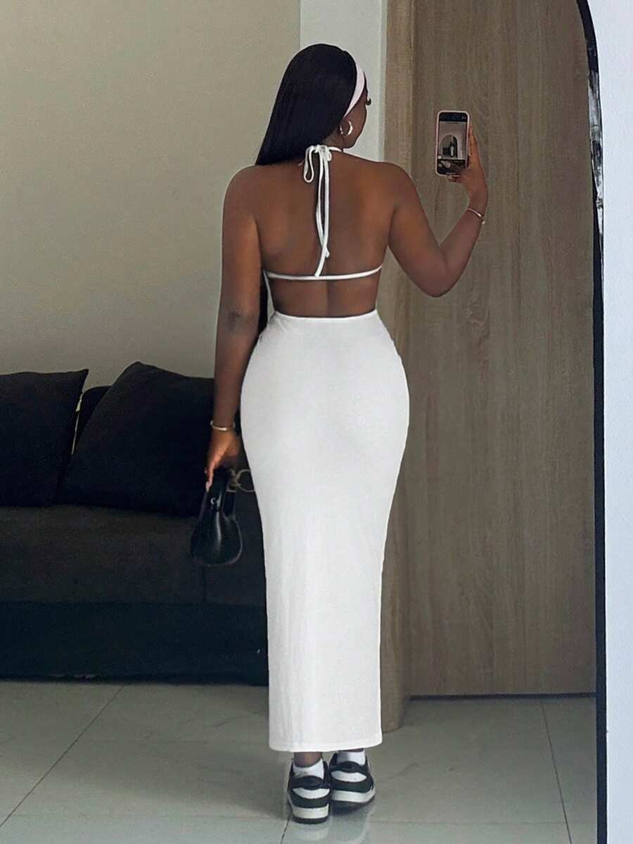 Slaydiva Spring/Summer New Y2K Street Style Sexy Dress - Sexy, Party, Dinner, Date, Nightclub, Nightlife, Travel, Airport, Street Style, Y2K, Party, Vacation - Basic Backless Fitted Long Dress - A - White - View 1