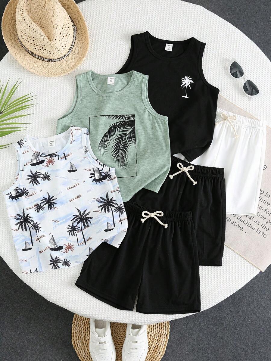 SHEIN 3件套男童休闲度假风椰树印花无袖宽松针织背心套装，6件套背心短裤套装，舒适时尚，百搭柔软面料，适合日常穿着、旅行、户外活动、假日派对、夏季海滩度假、春夏季节。 - 彩色 - 查看 1