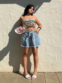Sunnyshic Plus Size Women Distressed Denim Shorts, High Waist Casual Drawstring A-Line Jeans Shorts - Light Wash - View 6