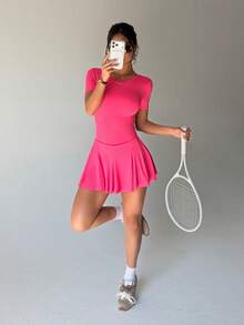 SHEIN Sovereign Charm Women's Round Neck Short Sleeve U-Back Asymmetrical Hem Pleated Dress With Built-In Shorts And Pockets, Suitable For Daily Casual Wear, Running, Yoga, Gym, Tennis, Golf, Etc., Spring/Summer/Autumn - Hot Pink - View 5
