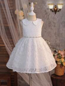 SHEIN Girls' Bowknot Party Dress, Butterfly Fabric Texture, Elegant Flower Girl Bridesmaid Sweet A-Line Dress - White - View 9