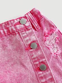 SHEIN Tween Girl Pink Summer Streetwear City Break Y2k Vintage Cut Out Ripped Frayed Short Denim Skirt Pants,Fashion Homecoming Festival Rave Denim Shorts - Pink - View 3