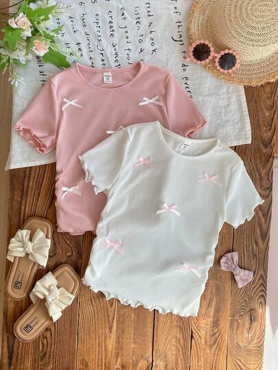 SHEIN 2pcs/Set Tween Girls' Casual Butterfly Decor Short Sleeve T-Shirt, Summer Tops Summer Summer Tops Summer Outfits White Top Bow Tops Cute Tops Girly Tops Cute Tops Girls Cute Fancy Tops Tween Girls Cute Bow Accent Ribbed Knit Ruffle Hem Short Sleeve Tee Pack Of Two