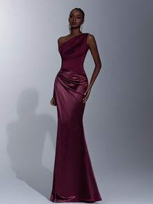 Elitara Vestido de cola de pez con decoración de hebilla metálica, hombro asimétrico, satén con brillo metálico burdeos, adecuado para bodas, eventos formales, damas de honor, fiestas de cóctel - Burdeos - Ver 4
