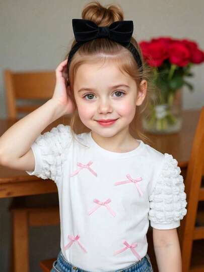 Camiseta de manga corta casual con decoración de lazo para niñas, verano