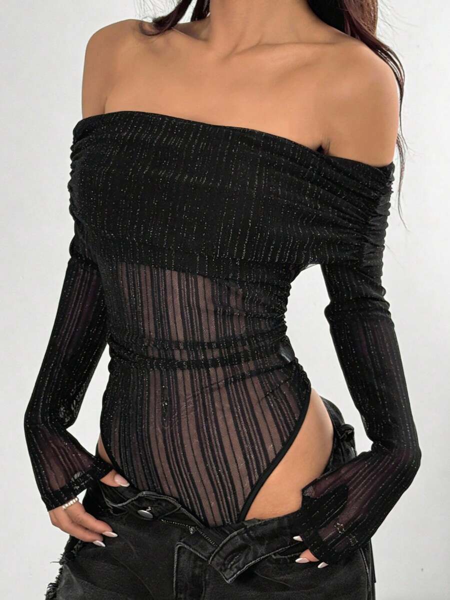 SHEIN EZwear 女士黑色针织网眼露肩连体衣（1件装） - 黑色 - 查看 1