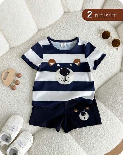 Baby Boy Casual Cute Knit Striped Cartoon Print Short Sleeve Top And Shorts Set, Summer