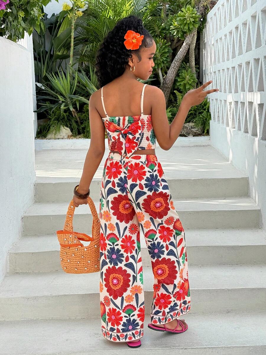 两件套少女碎花吊带背心+宽松长裤套装，适合海滩、度假、夏威夷之旅、亲子装、姐妹合照、公园、露营、派对、日常休闲、假日穿着。 - 珊瑚橙 - 查看 1