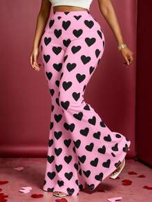 Maweii Quần ống loe in hình trái tim thời trang cỡ lớn dành cho tiệc tùng - Hồng - Xem 3